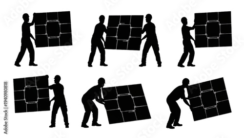 Group of silhouettes assembling large modular panels, demonstrating teamwork in construction and installation processes
