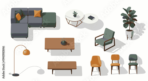 modern isometric furniture and home decor collection on a white background ideal for interior design and living room concepts.