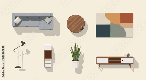 modern minimalist living room furniture set top view of sofa table and decor elements for interior design