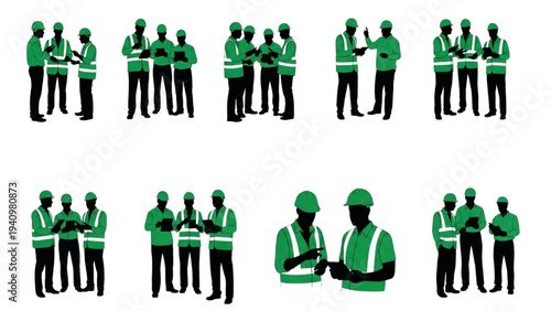 Dynamic Silhouettes of Industrial Workers Collaborating on Site, Emphasizing Safety and Teamwork in Construction