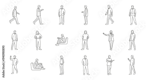 simple line art illustrations of diverse people performing various actions perfect for ux design and architectural plans