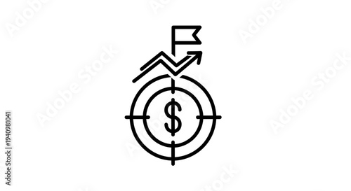 Financial Goal Achievement: Target with Dollar Sign, Upward Arrow, and Flag