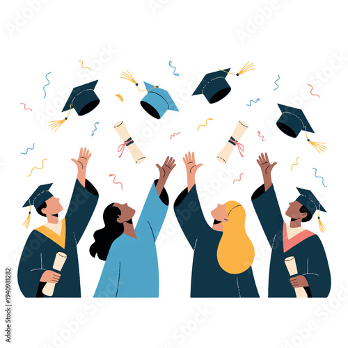 Diverse graduates celebrating with tossed caps and diplomas in air