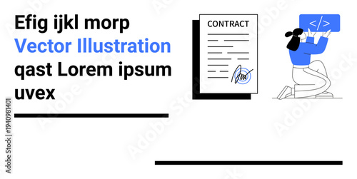Business agreements, digital coding, legal terms, programming, workflow processes, development. A contract document with a digital signature. Contract agreement and programming concept