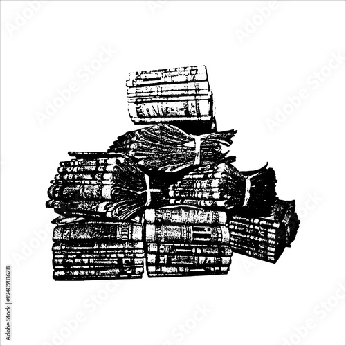 Vintage Engraved Stack of Books and Tied Newspaper Bundles