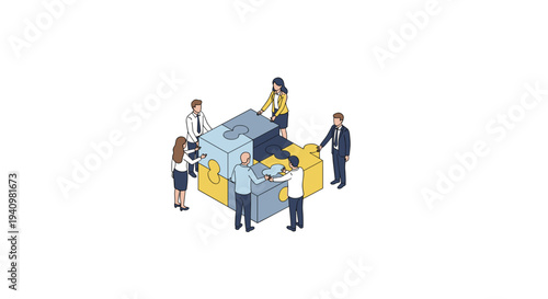 Six business people in professional clothing work together to assemble large interlocking puzzle pieces in an isometric view on white base.