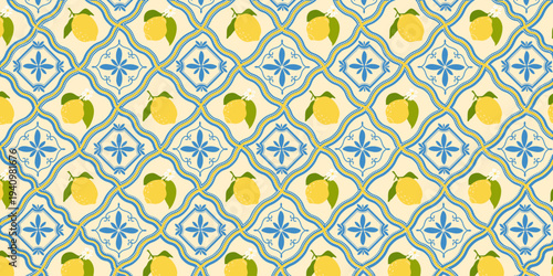 Mediterranean seamless pattern with lemons and blue tile patterns. Italy. Amalfi. Repeating background in a summery style.
