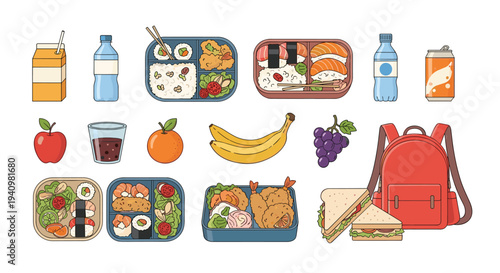 A diverse collection of school lunch items including a red backpack, sandwiches, fruit, and bento boxes is arranged on a white background.