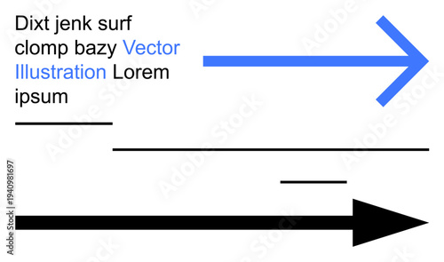 Navigation, guidance, progress, minimalism, communication, information flow. Blue and black arrows with text elements and lines on a white background. Navigation and progress concept