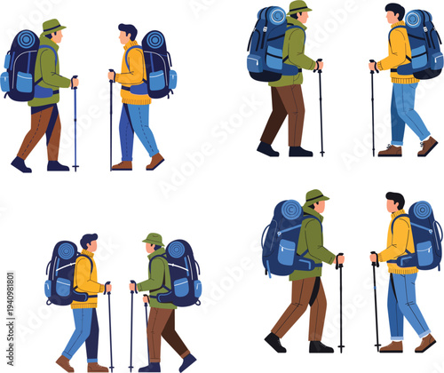 Active young men hiking with backpacks and trekking poles in nature flat vector illustration set for outdoor adventure themes.