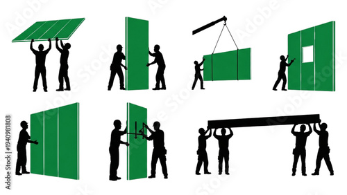 Construction workers assembling modular wall panels on a building site