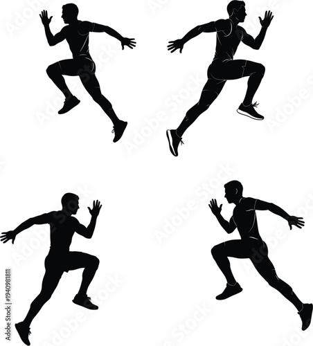 Athletic man sprinting in motion silhouette vector set for sports fitness health competition and active lifestyle design themes