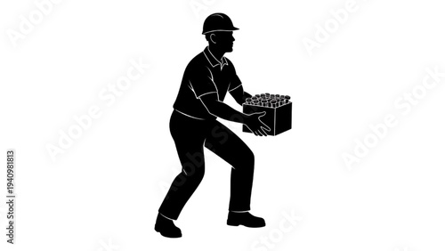 Silhouette illustration of a worker in a hard hat carefully lifting a heavy crate or box, performing manual handling tasks