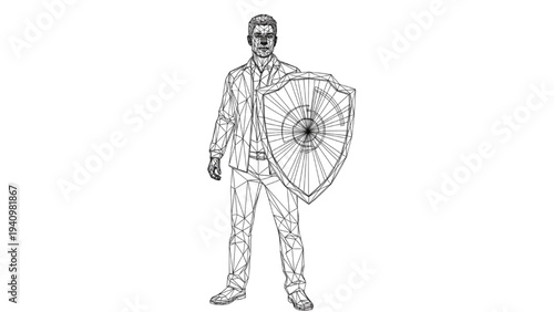 Confident man holding a shield in a geometric line art style, symbolizing robust digital security, defense, and protection against threats