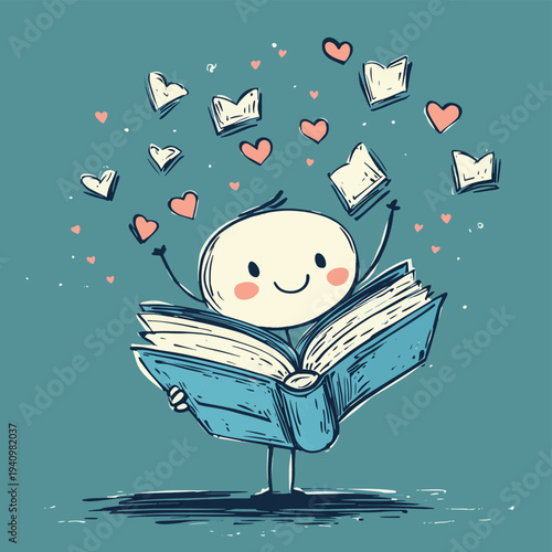 A happy stick figure character joyfully holding open a large blue book with fluttering pages and hearts floating around its head, representing the love of reading and imagination