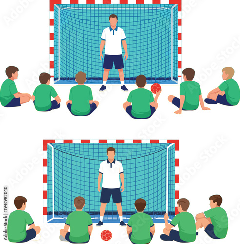 Handball youth team training session with professional coach and goalkeeper explaining game tactics on court flat vector illustration