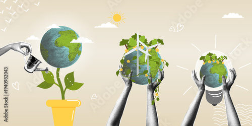 A collage on the theme of Green Energy and Sustainable Development featuring the Earth and wind turbines. A trendy halftone collage. Conceptualizing renewable energy, green technologies, and a