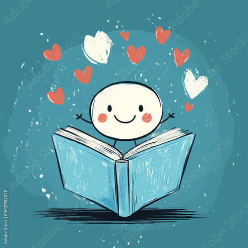 A happy stick figure character joyfully holding open a large blue book with fluttering pages and hearts floating around its head, representing the love of reading and imagination