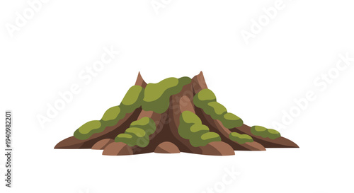 A cartoonish brown tree stump with prominent root flares is extensively covered in vibrant green moss, isolated on a clean white background.
