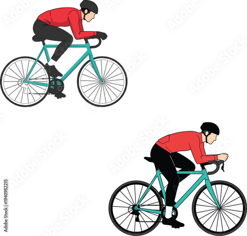 Professional professional cyclist athletes in red jerseys riding teal racing bicycles during high speed outdoor competition sports vector