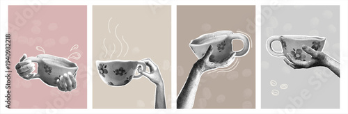 A set of vintage collages featuring coffee cups and hands in a halftone style. A trendy halftone collage. A minimalist aesthetic with soft pastel backgrounds and coffee bean elements.