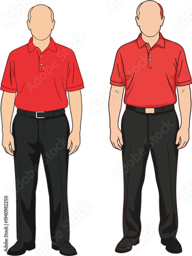 Two bald men wearing red polo shirts and black formal trousers standing in a professional pose vector illustration set