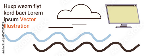 Cloud computing, design, technology concepts, online services, modern illustrations, visual storytelling. Abstract cloud, monitor and wave illustrations. Cloud computing and design
