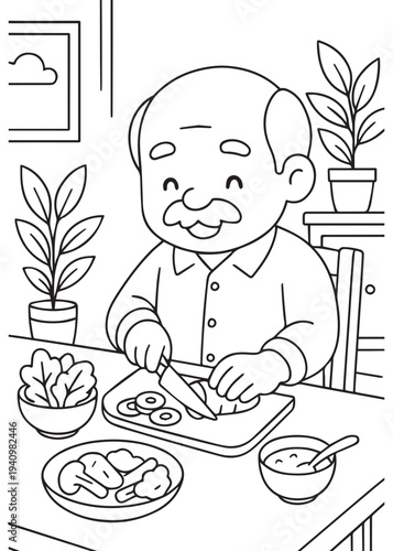 coloring book dad chopping fresh vegetables on a cutting board for the meal