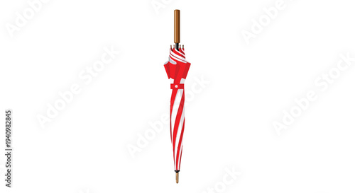 A closed, brightly striped red and white umbrella with a polished wooden handle stands isolated against a stark white background, a symbol of