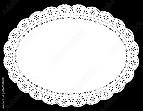 Vintage eyelet lace doily oval place mat and frame, white on black. Copy space for pictures, albums, scrapbooks, holidays, setting table and cake decorating. 
