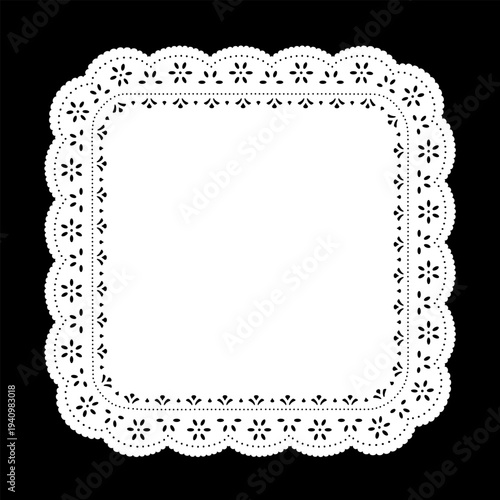 Vintage eyelet lace doily square place mat and frame, white on black. Copy space for pictures, albums, scrapbooks, holidays, setting table and cake decorating. 