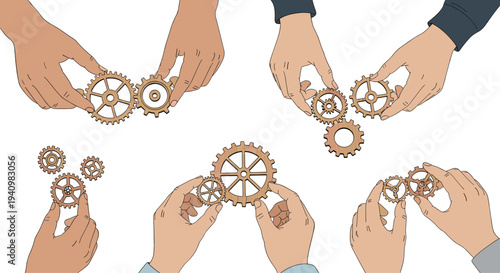 Multiple hands of various skin tones are actively holding and connecting wooden gears in small clusters against a bright white background.