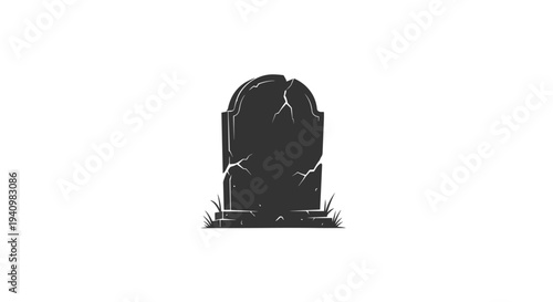 A dark grey silhouette of an old, cracked tombstone with a rounded top and subtle grass at its base stands against a pristine white background.