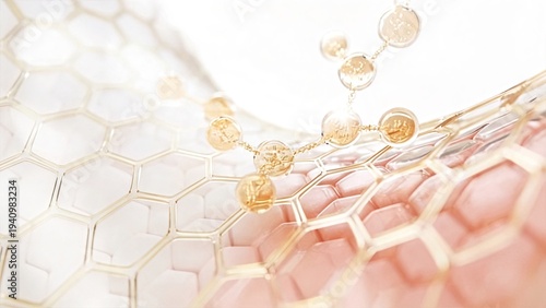Abstract golden molecular structure on hexagonal surface scientific background for technology innovation research medicine chemistry biology laboratory pharmaceutical healthcare medical science