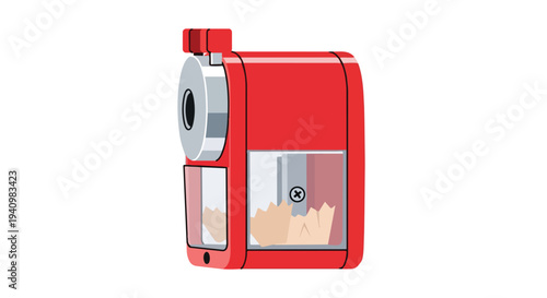 Vibrant Red Mechanical Pencil Sharpener With Sharpened Pencil Cuttings Visible Inside Its Transparent Reservoir