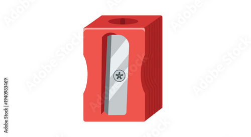 A simple red pencil sharpener with a metallic blade is shown against a plain white background in this clean illustration