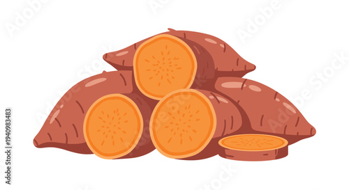A large pile of whole reddish brown sweet potatoes with several circular orange slices in the foreground sits on a white background.