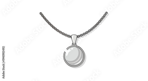 Elegant Silver Chain Necklace Featuring a Circular Pendant with a Lustrous Pearl-like Gemstone