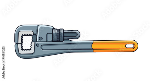 Industrial pipe wrench with iconic serrated jaw design and vibrant orange grip handle tool illustration