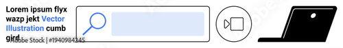 Web browsing, online communication, virtual meetings, digital tools, remote work, internet search. A search bar, camera icon and laptop silhouette. Internet search and online communication concepts