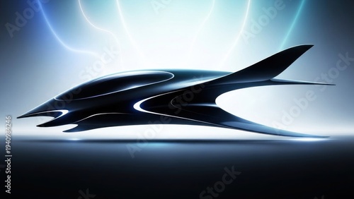 A futuristic, sleek, black and white flying car with a sleek, aerodynamic design, flying through a blue and white, electrically charged, glowing background.