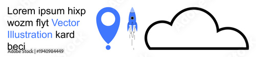 Space exploration, mapping services, technology, cloud storage, innovation, navigation. Rocket launching next to a map pointer and cloud graphic with text elements. Space exploration and mapping