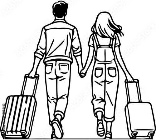 Vector silhouettes of men and women walking, standing with a smartphone, carrying a trolley with Luggage, suitcases, leaving or arriving business people, linear sketch, black, gray and white, isol