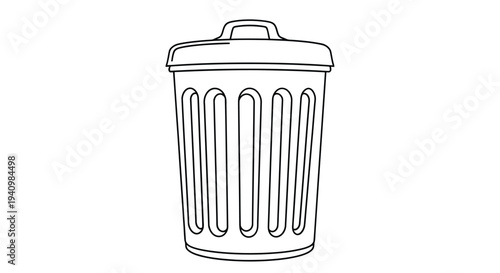 Simple line drawing of a metal trash can with a lid and ribbed texture