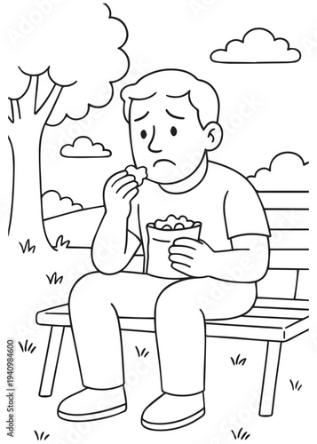 coloring book dad enjoying popcorn on a bench while watching the park activity
