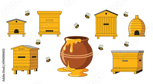 Seven different yellow wooden beehives and a large brown ceramic pot of honey are surrounded by flying bees on a plain white background.