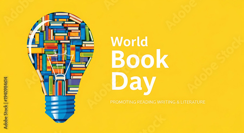 Light bulb filled with books on yellow background Book Day lightbulb idea knowledge reading