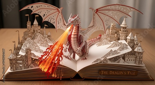 Fantasy pop-up book features a dragon breathing fire amidst castles and mountains, with the title 'The Dragon's Tale'.