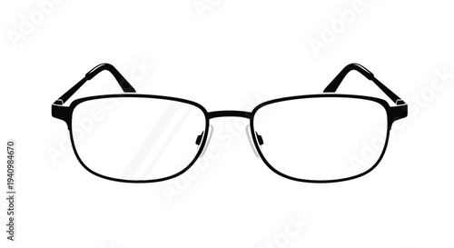 Minimalist black framed eyeglasses with clear lenses, isolated on a pure white background, sharp focus on optical device aesthetics and design