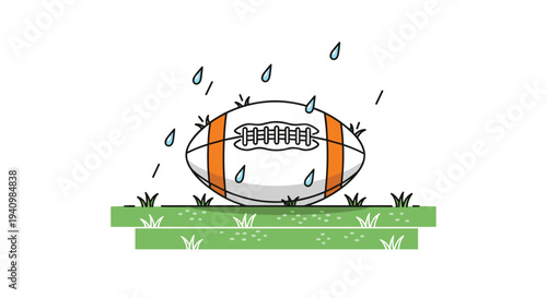 A white and orange American football with distinct lacing rests horizontally on a patch of green grass, as blue raindrops fall onto it against a white background.